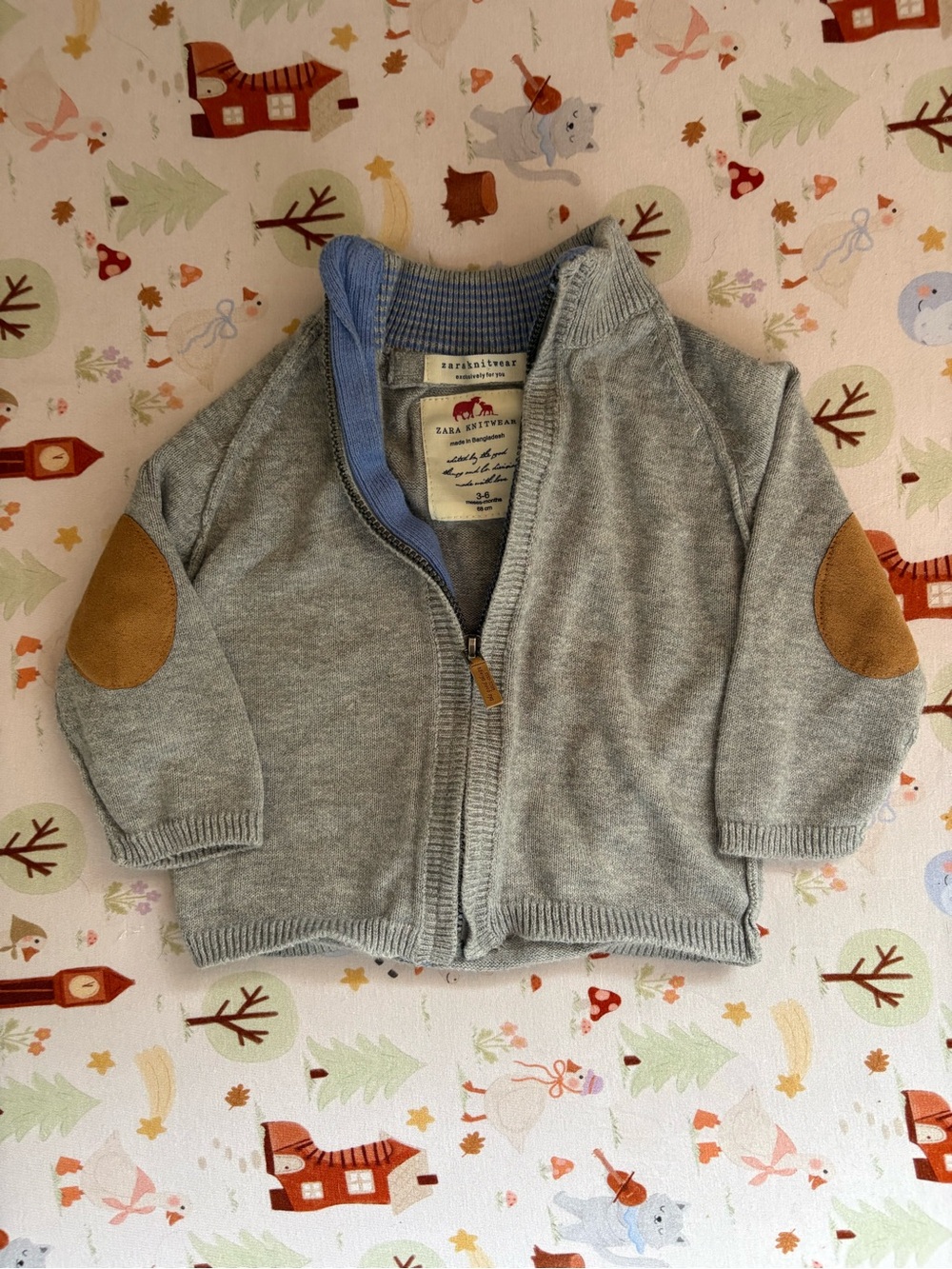 Zara Light Gray Knit Zip Cardigan with Tan Elbow Patches